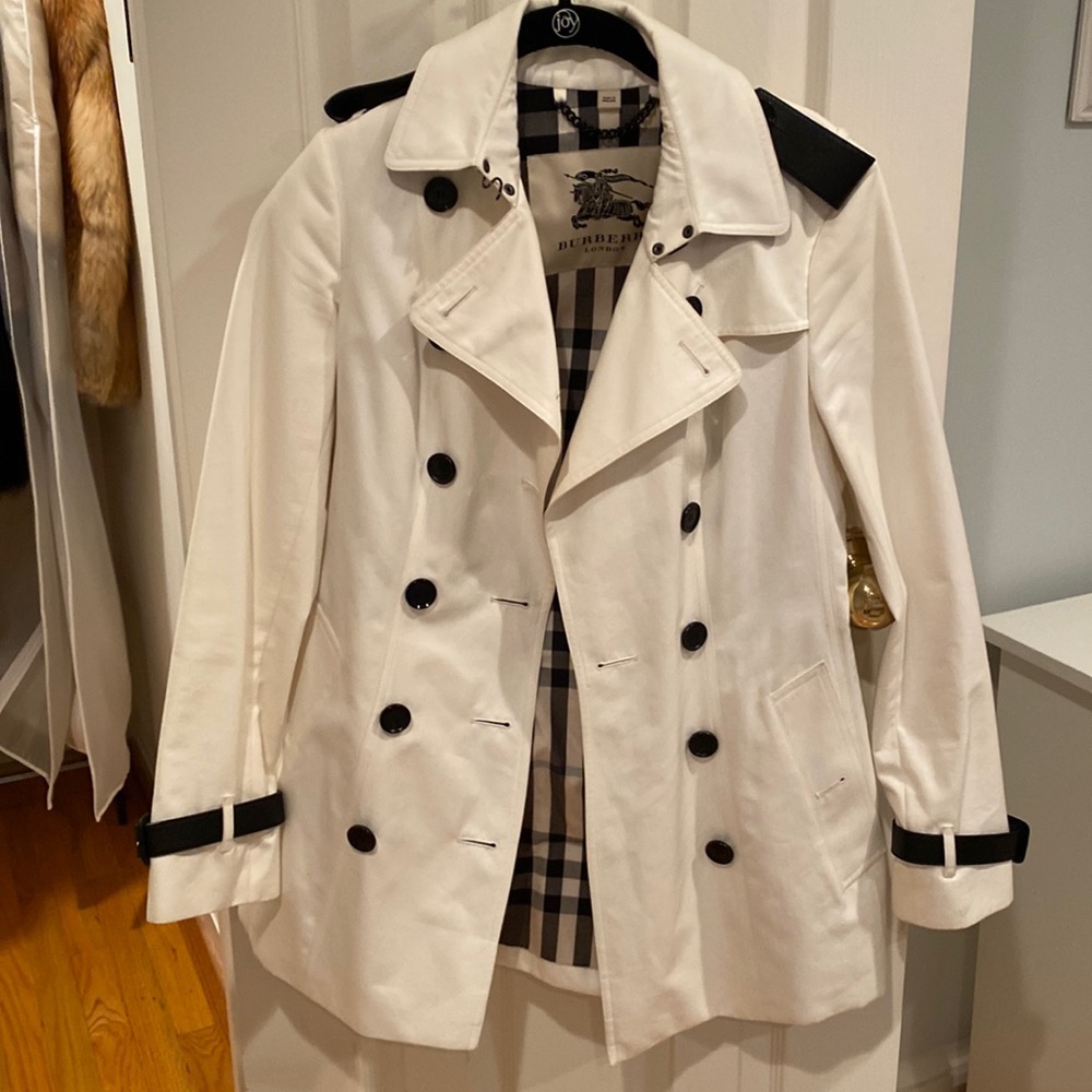 Brand new white Burberry coat with black leather detail